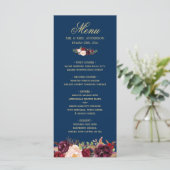 Burgundy Floral Navy Blue Gold Wedding Menu Kaart (Staand voorkant)