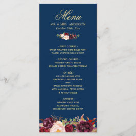 Burgundy Floral Navy Blue Gold Wedding Menu Kaart