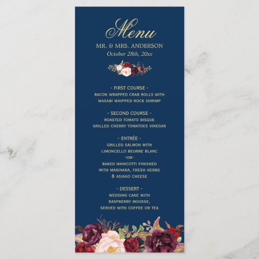 Burgundy Floral Navy Blue Gold Wedding Menu Kaart (Voorkant)