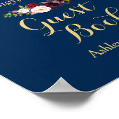 Burgundy Floral Navy Blue Guest book Weduwen Sign Poster (Hoek)