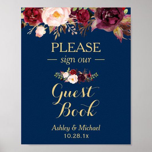 Burgundy Floral Navy Blue Guest book Weduwen Sign Poster (Voorkant)