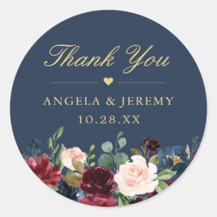 Burgundy Floral Navy Blue Hartelijk dank voor het Ronde Sticker