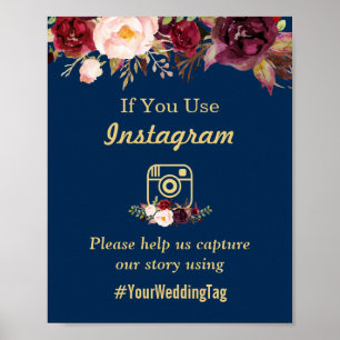 Burgundy Floral Navy Blue Instagram Weddenschap Poster