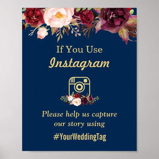 Burgundy Floral Navy Blue Instagram Weddenschap Poster (Voorkant)