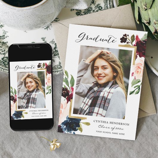 Burgundy Floral Navy Blue Photo Graduparty Kaart