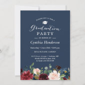 Burgundy Floral Navy Blue Photo Graduparty Kaart (Achterkant)