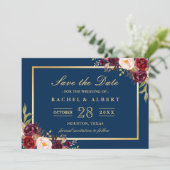 Burgundy Floral Navy Blue Photo Save the Date (Staand voorkant)