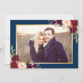 Burgundy Floral Navy Blue Photo Save the Date (Achterkant)