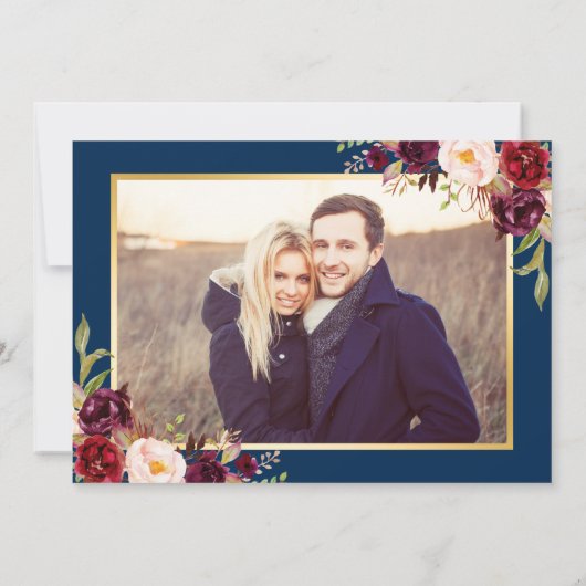 Burgundy Floral Navy Blue Photo Save the Date (Achterkant)