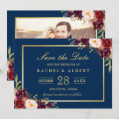 Burgundy Floral Navy Blue Photo Save the Date (Voorkant / Achterkant)
