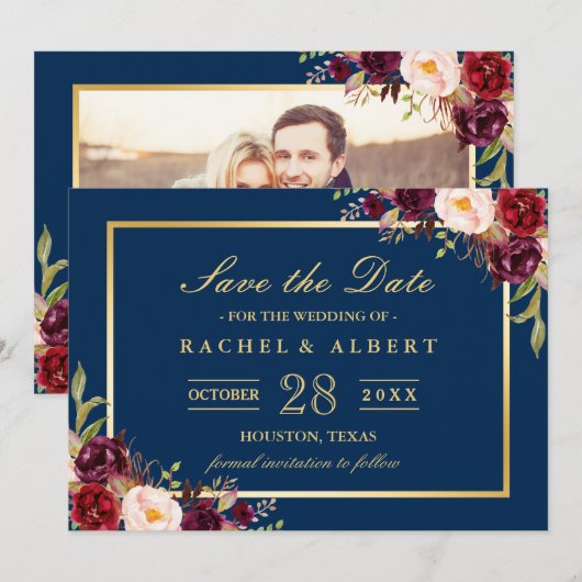 Burgundy Floral Navy Blue Photo Save the Date (Voorkant / Achterkant)