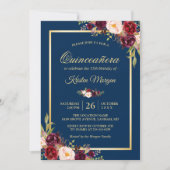 Burgundy Floral Navy Blue Quinceanera Birthday Kaart (Voorkant)