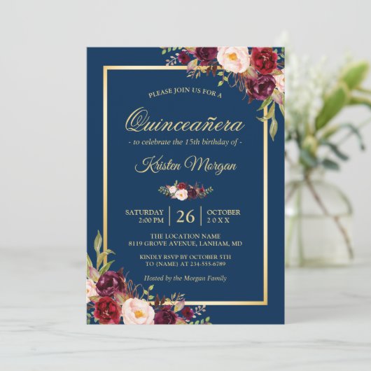 Burgundy Floral Navy Blue Quinceanera Birthday Kaart (Staand voorkant)