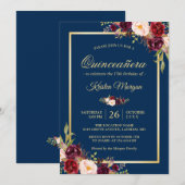Burgundy Floral Navy Blue Quinceanera Birthday Kaart (Voorkant / Achterkant)