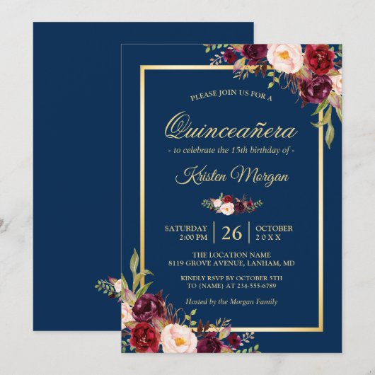 Burgundy Floral Navy Blue Quinceanera Birthday Kaart (Voorkant / Achterkant)