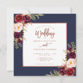 Burgundy Floral Navy Blue Roos Gold Script Weduwsc Kaart (Voorkant)