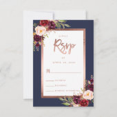 Burgundy Floral Navy Blue Roos Gold Script Weduwsc RSVP Kaartje (Voorkant)