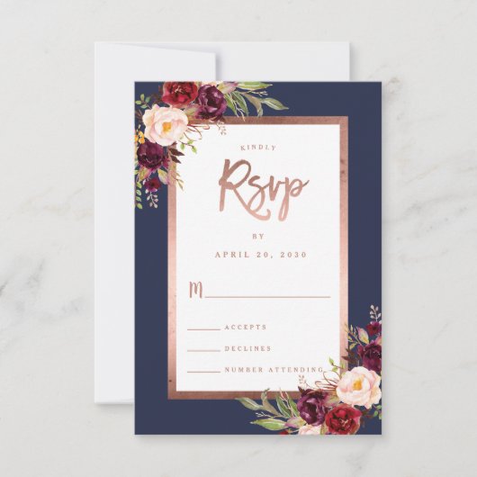 Burgundy Floral Navy Blue Roos Gold Script Weduwsc RSVP Kaartje (Voorkant)