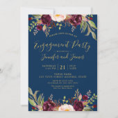 Burgundy Floral Navy Blue Rustic Engagement Party Kaart (Voorkant)