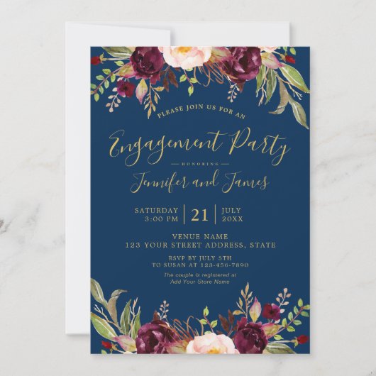 Burgundy Floral Navy Blue Rustic Engagement Party Kaart (Voorkant)