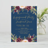 Burgundy Floral Navy Blue Rustic Engagement Party Kaart (Staand voorkant)