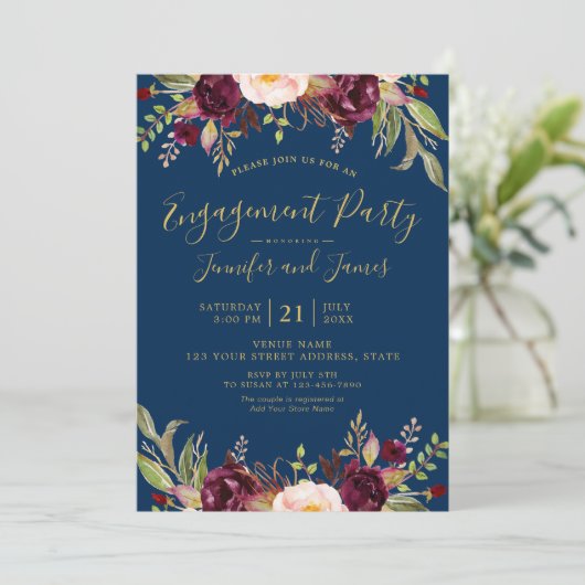 Burgundy Floral Navy Blue Rustic Engagement Party Kaart (Staand voorkant)