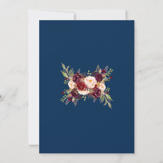 Burgundy Floral Navy Blue Rustic Engagement Party Kaart (Achterkant)