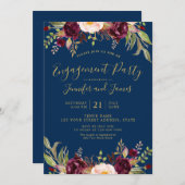 Burgundy Floral Navy Blue Rustic Engagement Party Kaart (Voorkant / Achterkant)