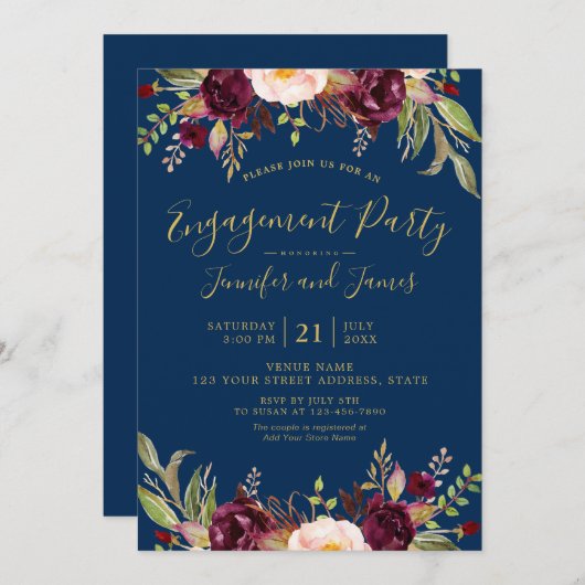 Burgundy Floral Navy Blue Rustic Engagement Party Kaart (Voorkant / Achterkant)