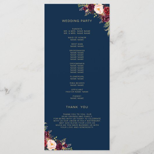 Burgundy Floral Navy Blue Script Photo Weduwschap Programmakaart (Achterkant)
