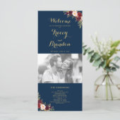 Burgundy Floral Navy Blue Script Photo Weduwschap Programmakaart (Staand voorkant)