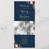 Burgundy Floral Navy Blue Script Photo Weduwschap Programmakaart (Voorkant)