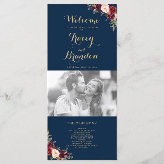 Burgundy Floral Navy Blue Script Photo Weduwschap Programmakaart (Voorkant)