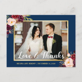 Burgundy Floral Navy Blue Weddenschap Foto bedankt Briefkaart
