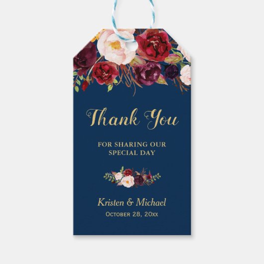 Burgundy Floral Navy Blue Wedding Favor Cadeaulabel (Voorkant)
