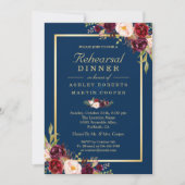 Burgundy Floral Navy Blue Wedding Rehearsal Dinner Kaart (Voorkant)