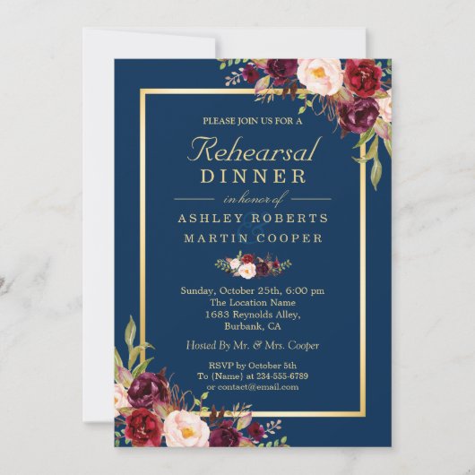 Burgundy Floral Navy Blue Wedding Rehearsal Dinner Kaart (Voorkant)