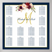 Burgundy Floral Navy Blue Wedding Seating Chart Poster (Voorkant)