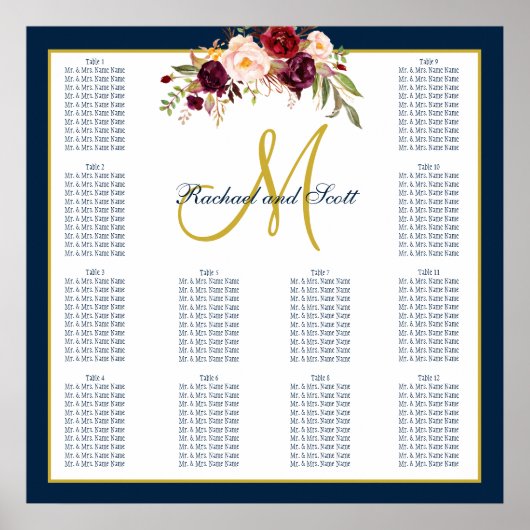 Burgundy Floral Navy Blue Wedding Seating Chart Poster (Voorkant)