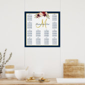 Burgundy Floral Navy Blue Wedding Seating Chart Poster (Keuken)