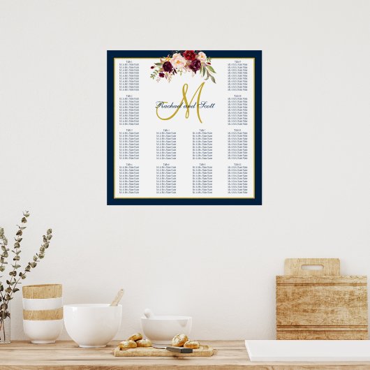 Burgundy Floral Navy Blue Wedding Seating Chart Poster (Keuken)