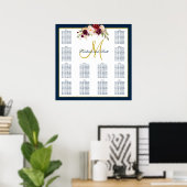Burgundy Floral Navy Blue Wedding Seating Chart Poster (Thuiskantoor)