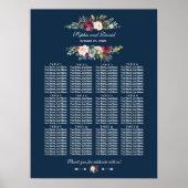 Burgundy Floral Navy Blue Wedding Seating Chart Poster (Voorkant)