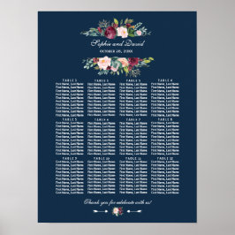Burgundy Floral Navy Blue Wedding Seating Chart Poster