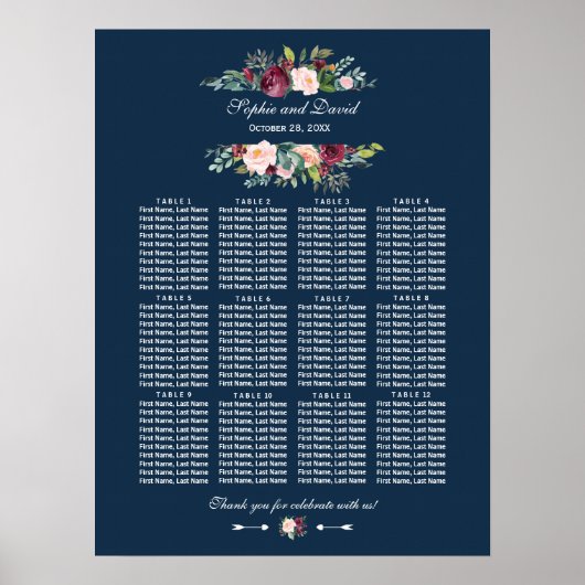 Burgundy Floral Navy Blue Wedding Seating Chart Poster (Voorkant)
