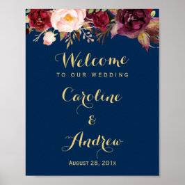 Burgundy Floral Navy Blue Welkomstbord Poster