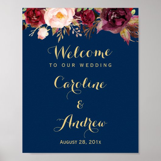 Burgundy Floral Navy Blue Welkomstbord Poster (Voorkant)