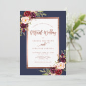 Burgundy Floral Navy Roos Gold Virtual Wedding Kaart (Staand voorkant)