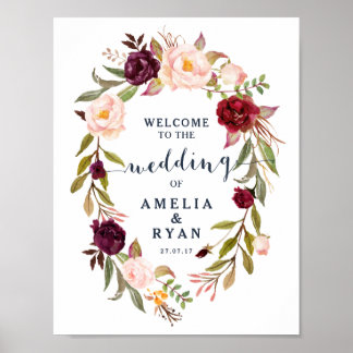 Burgundy Floral Navy Wedding Welcome Sign Poster