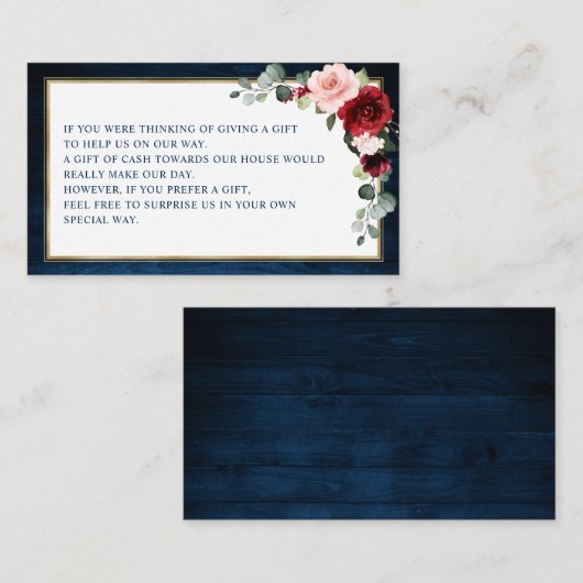 Burgundy Floral Navy Wedding Wishing well Enclosur Informatiekaartje (Voorkant / Achterkant)
